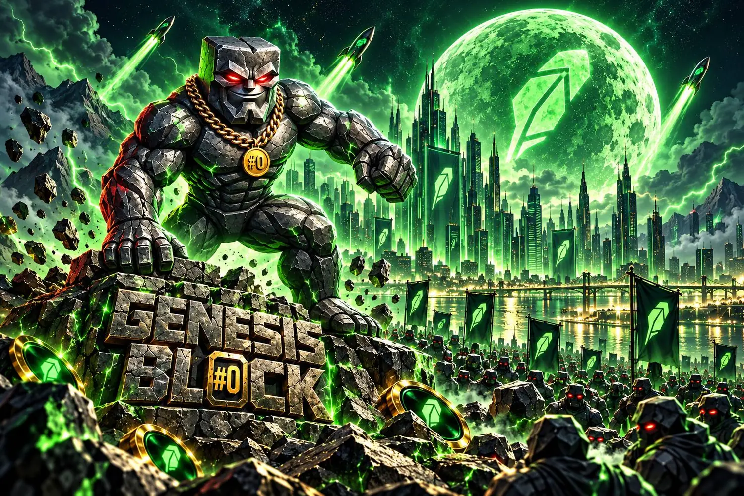 Stone golem above Genesis Block in an emerald city beneath a glowing moon