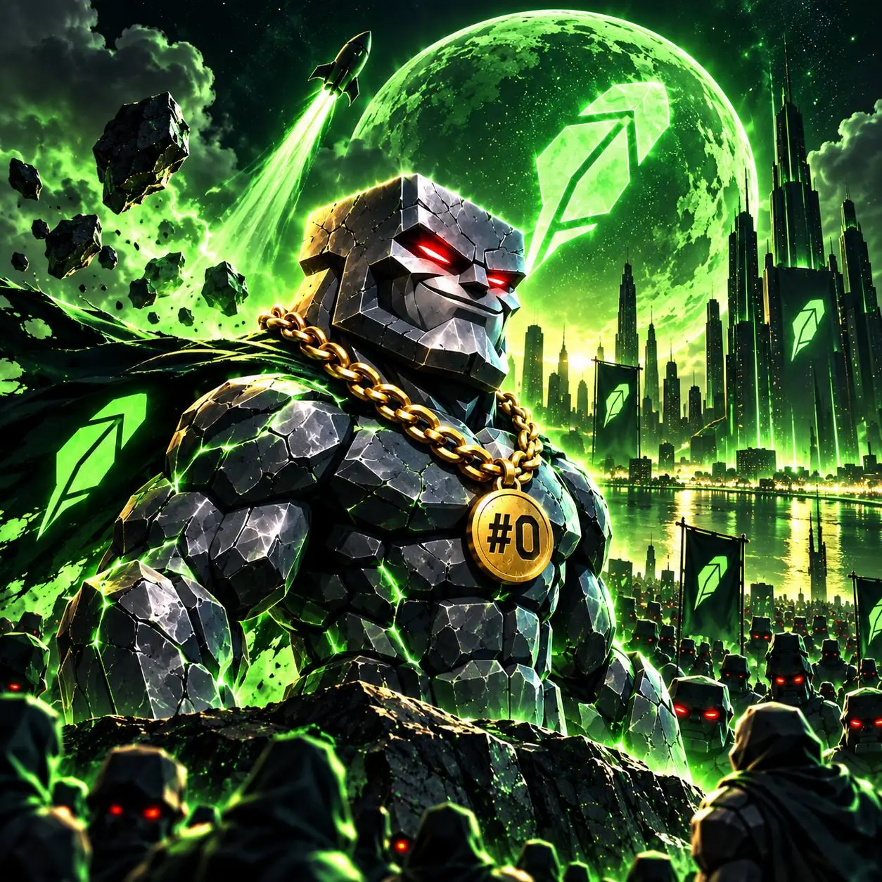 Stone guardian beneath an emerald moon
