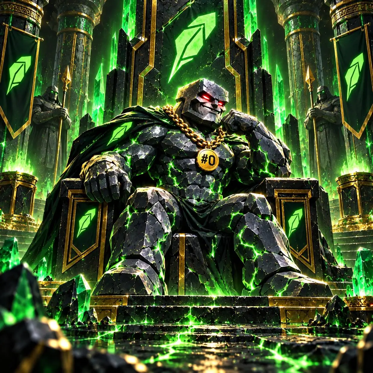 Genesis stone guardian seated on a gold and emerald throne