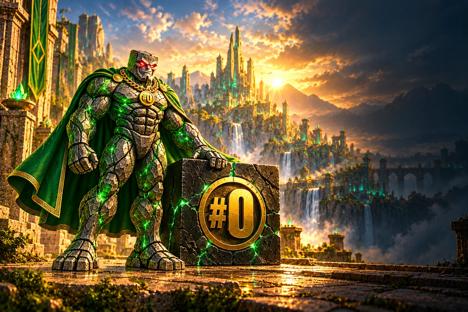Genesis Chad in his green cape beside the original Block Zero, overlooking the emerald city at dawn