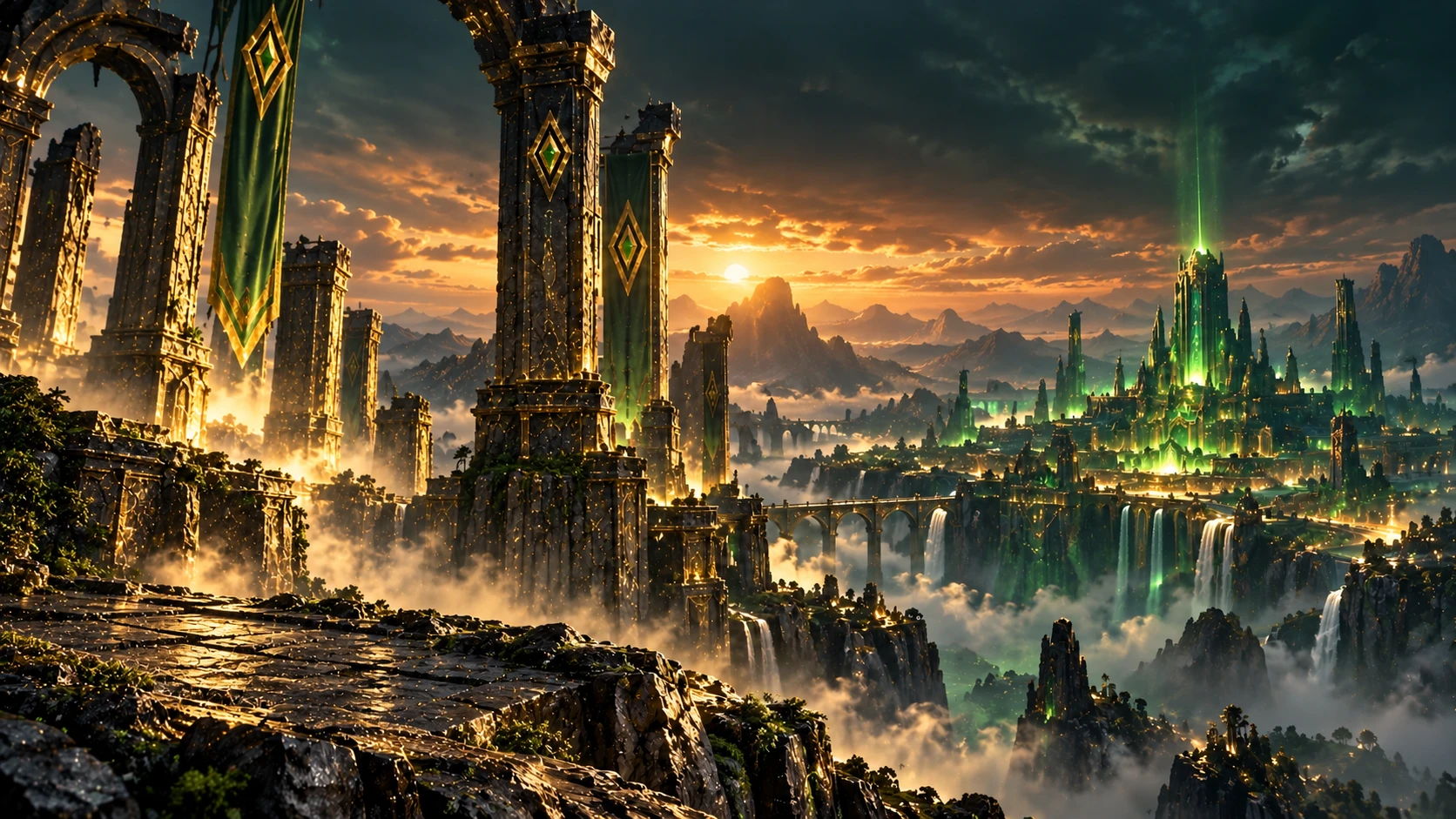 Genesis Guardian beside Block Zero overlooking an emerald civilisation beyond ancient gold-inlaid gateways
