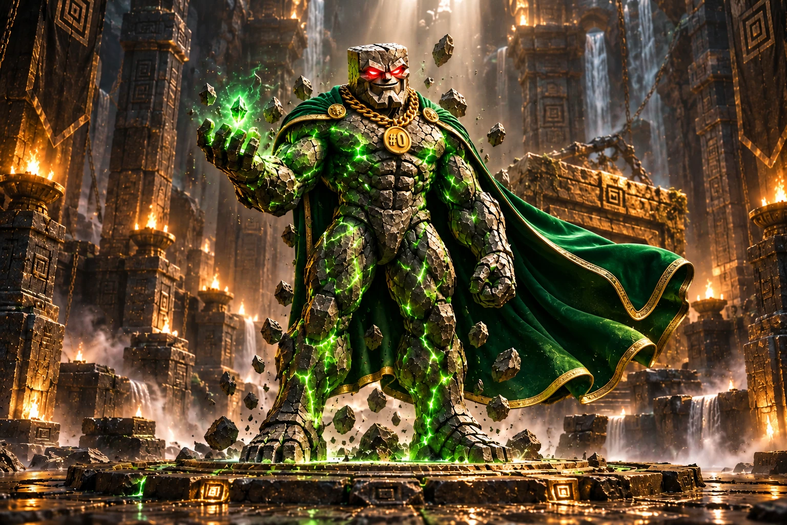 Genesis Chad: Inside a vast black stone chamber, Genesis Chad stands fully visible on a circular dais, holding a tiny emerald spark in his open right palm; ancient silent pillars and a sleeping engraved #0 block behind him.