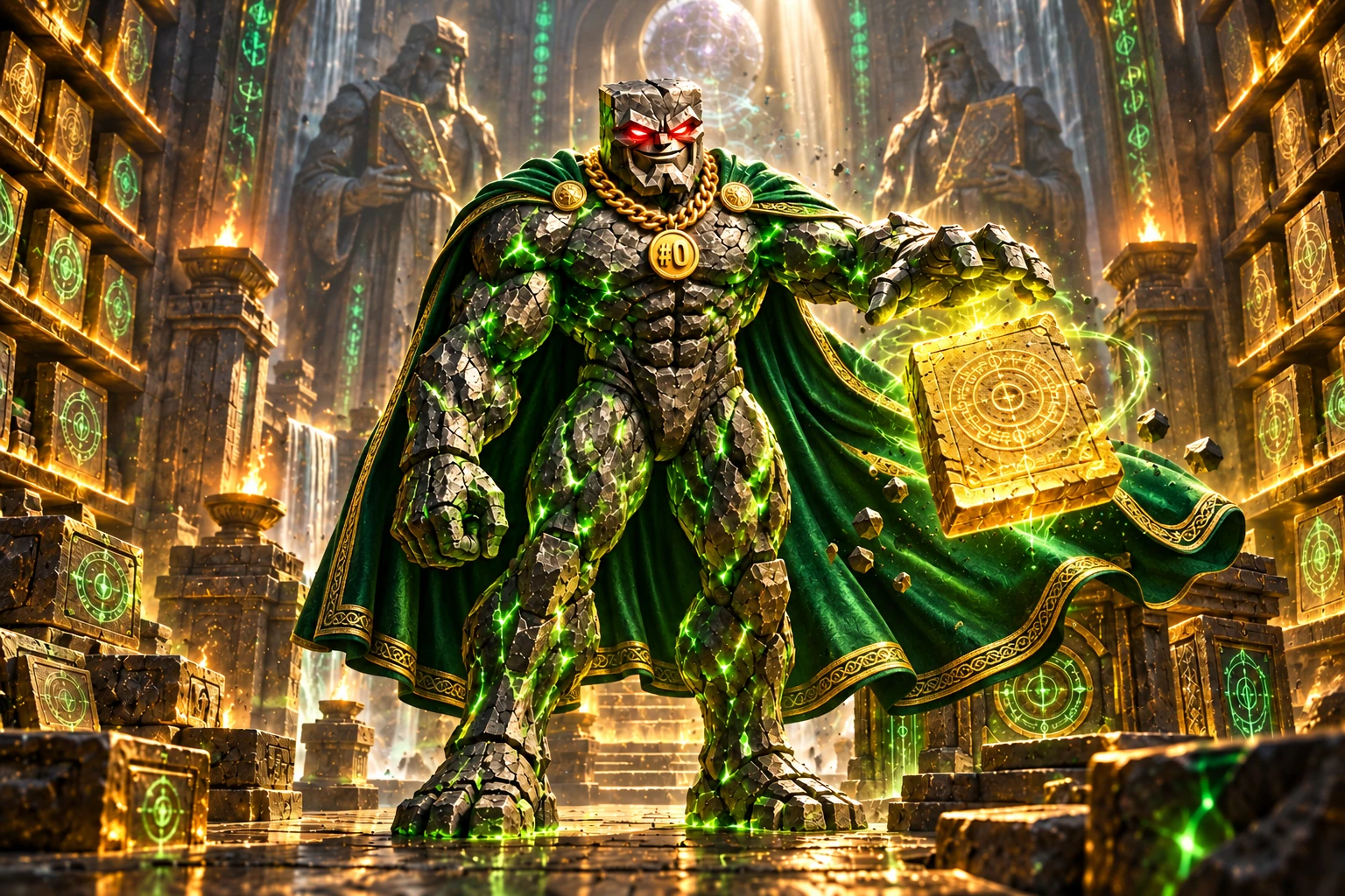Genesis Chad: Genesis Chad stands in a monumental ancient library of stone tablets, one hand hovering near a glowing gold tablet, luminous emerald runes without readable words.