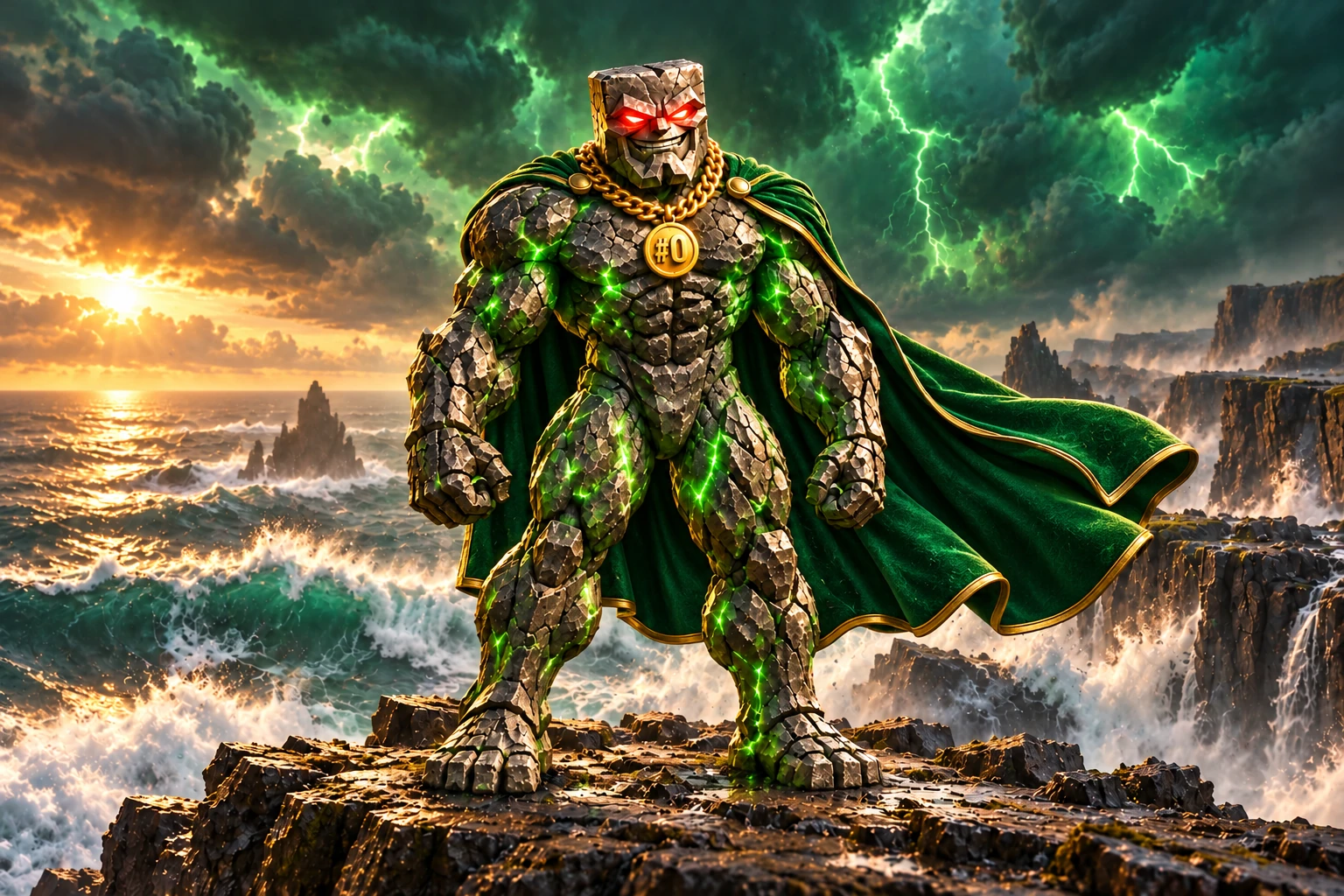 Genesis Chad: Genesis Chad stands firmly on a coastal basalt cliff, facing the viewer, emerald storm clouds and vast ocean waves far behind; dignified heavy stance.