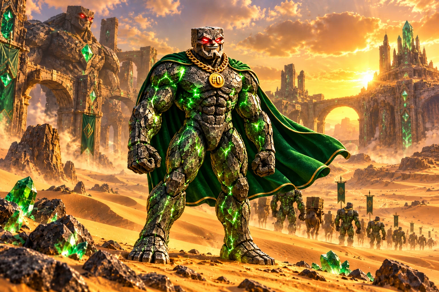 Genesis Chad: Genesis Chad stands on a dune beside a distant caravan of stone guardians, immense desert ruins with emerald gems and warm golden sunset.