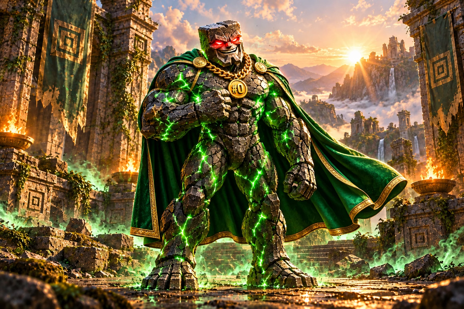 Genesis Chad: Genesis Chad stands in an ancient courtyard at sunrise, right hand over his gold #0 pendant, worn stone banners and soft emerald mist.