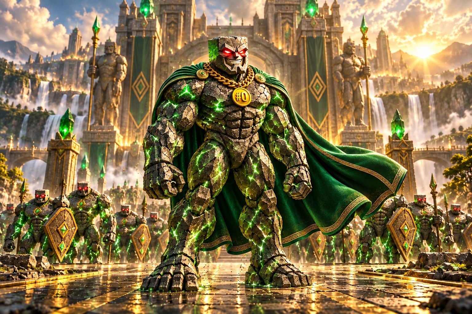 Genesis Chad: Genesis Chad stands in the foreground at the head of a peaceful assembly of smaller stone guardians, immense city gate behind, emerald and gold dawn.