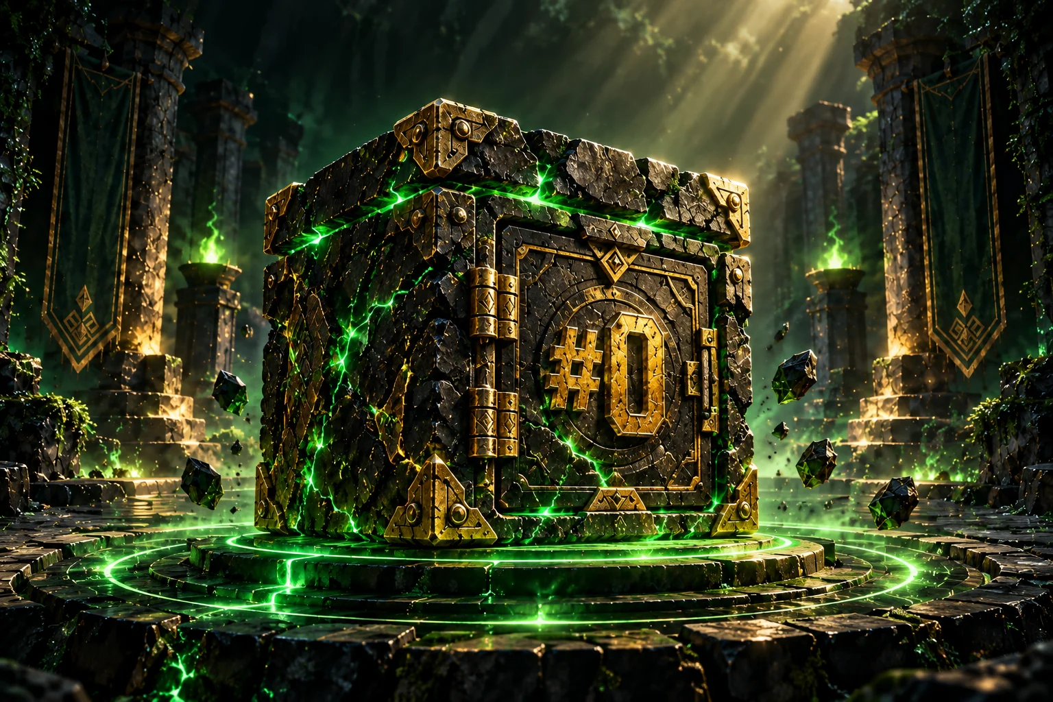 A sealed fractured-stone vault with gold #0, reinforced hinges, emerald fissures and a closed locking door above an illuminated temple dais.