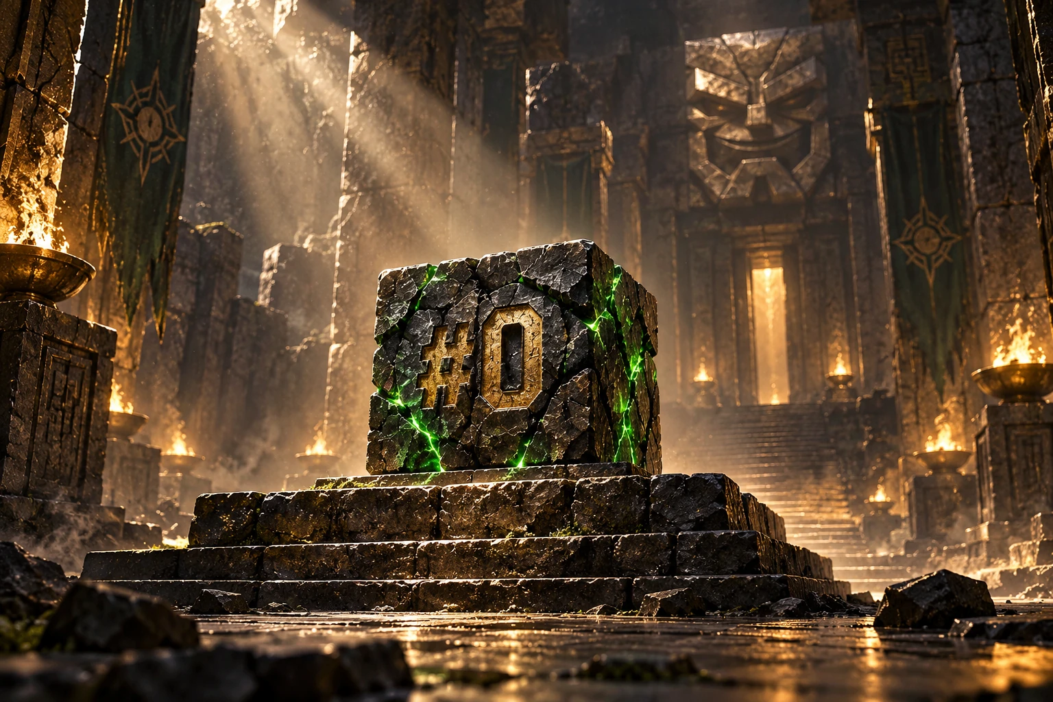 Dormant Block #0 in an ancient chamber with the first emerald light
