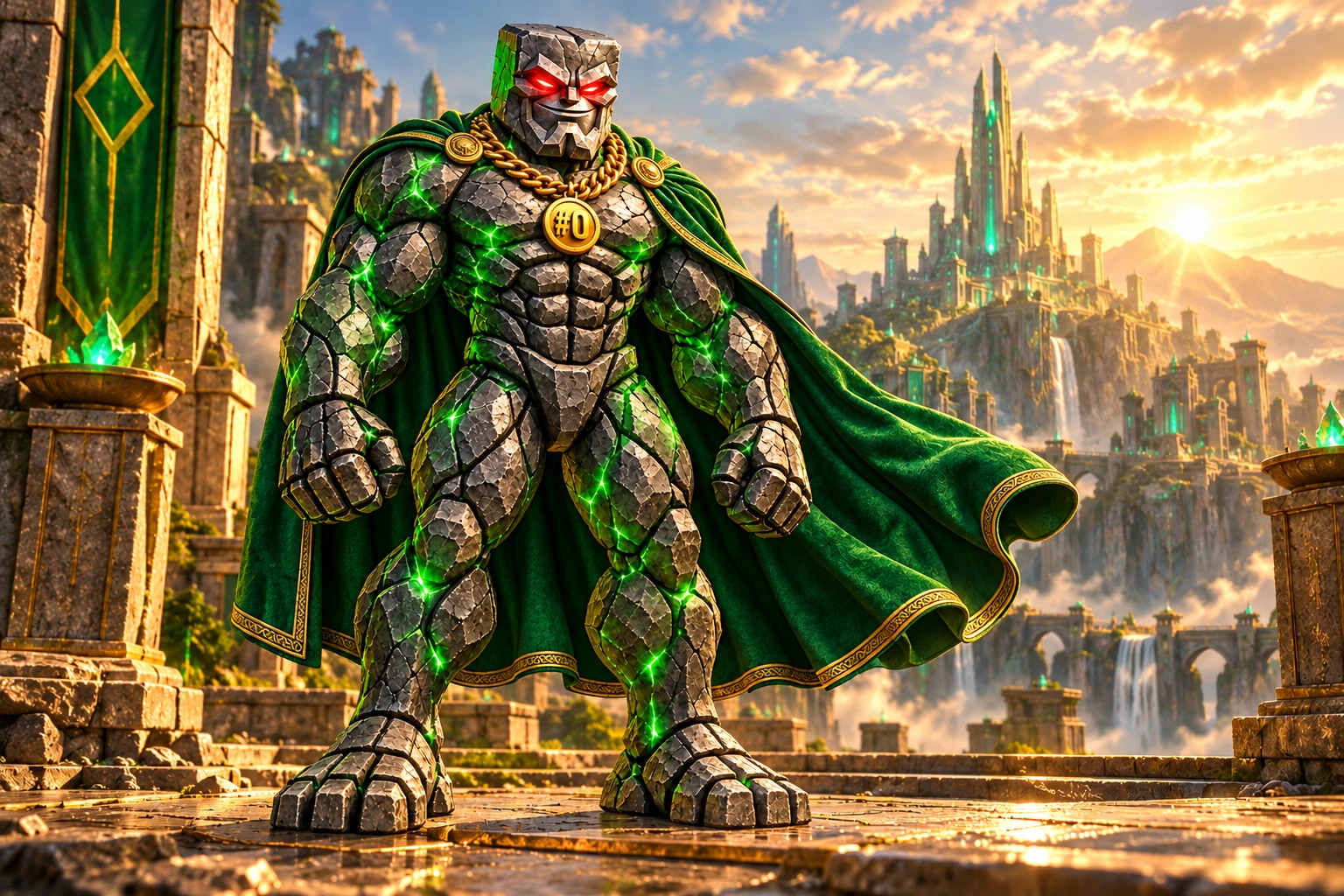 Genesis Chad fully awakened above an emerald civilisation, still carrying the gold #0 pendant